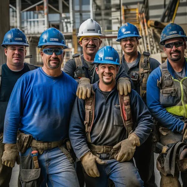 Group of construction workers posing for team photo on site